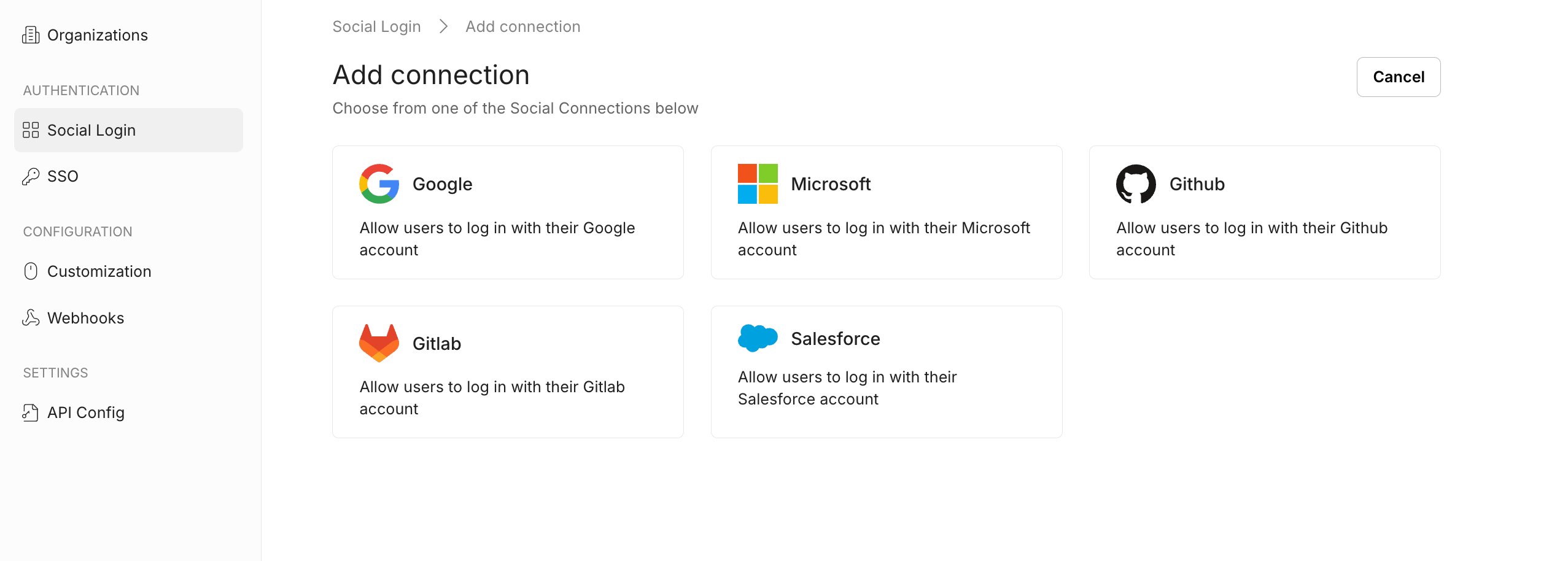 Add social login connections: Google, Microsoft, GitHub, Github,
Salesforce.