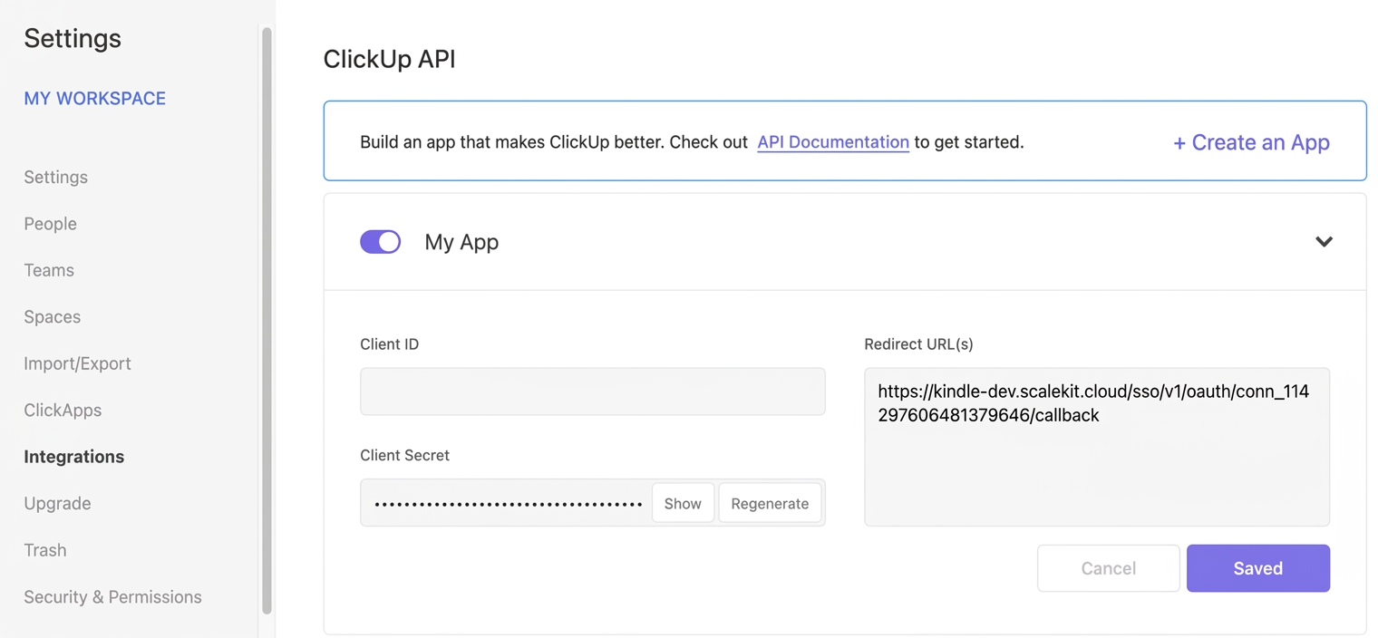 Adding redirect URI in ClickUp API settings