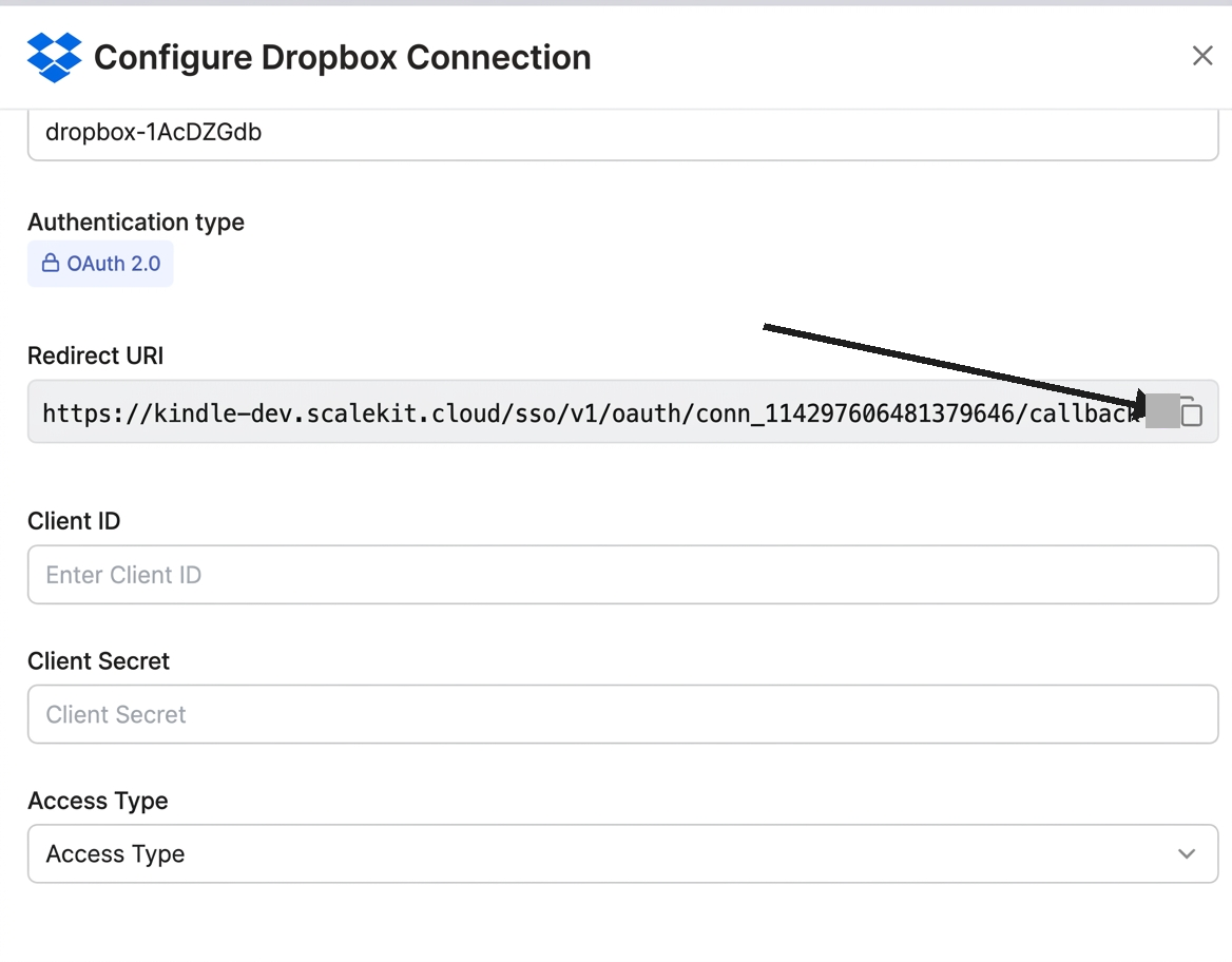 Configure Dropbox Connection with redirect URI
