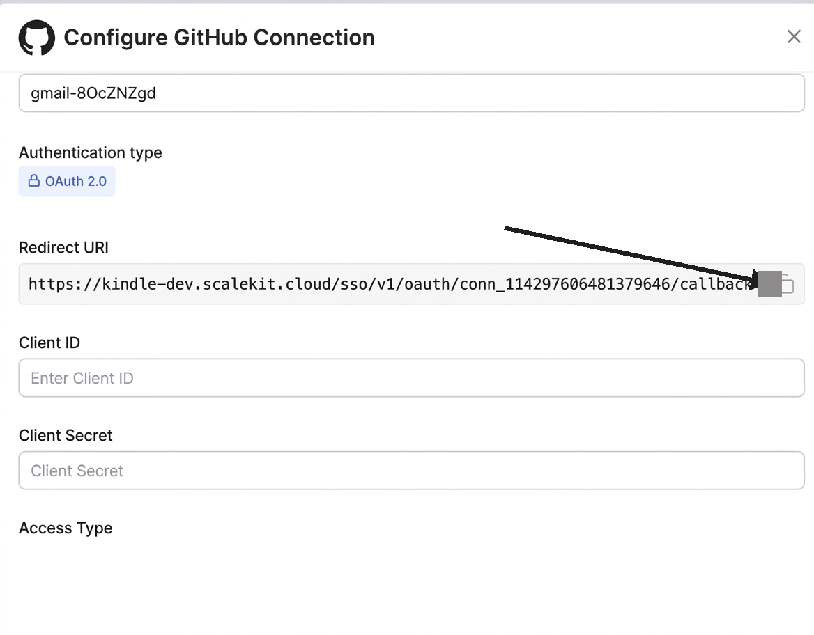 Configure GitHub Connection with redirect URI