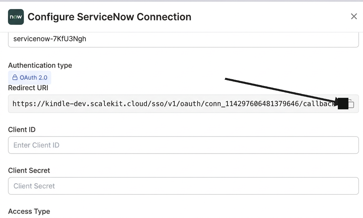 Configure ServiceNow Connection with redirect URI